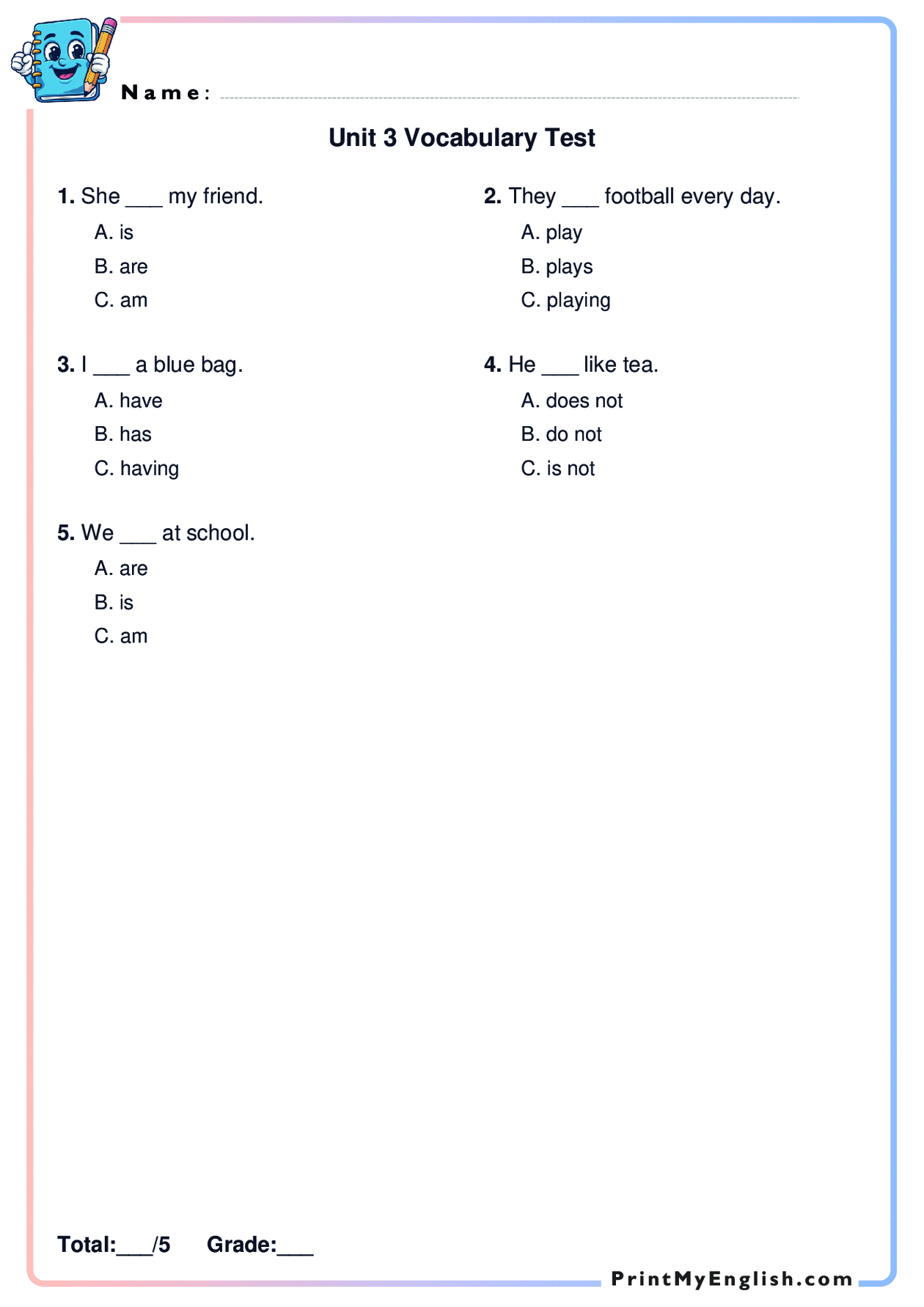Vista previa de la hoja de trabajo vertical A4: Examen de vocabulario unidad 3