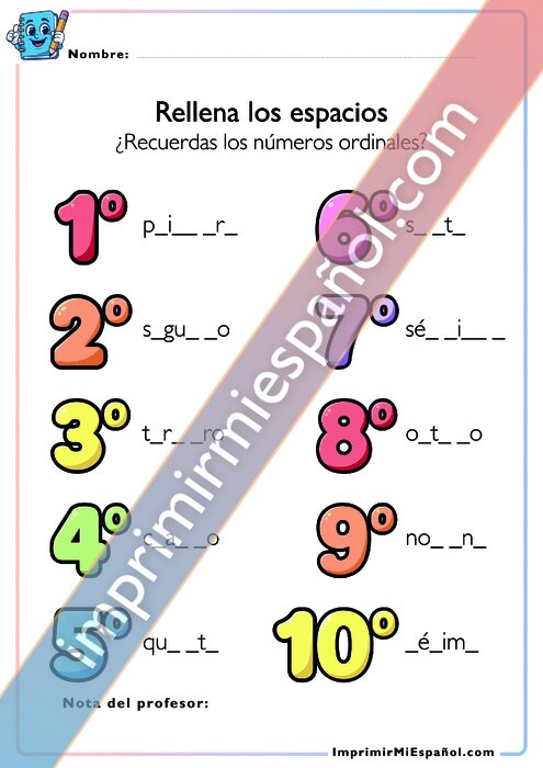 Rellena los espacios – Números ordinales