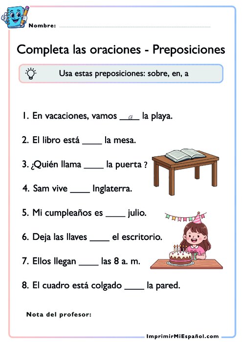 Completa las oraciones - Preposiciones - 3