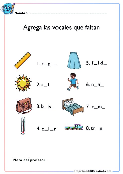 Agrega las vocales que faltan