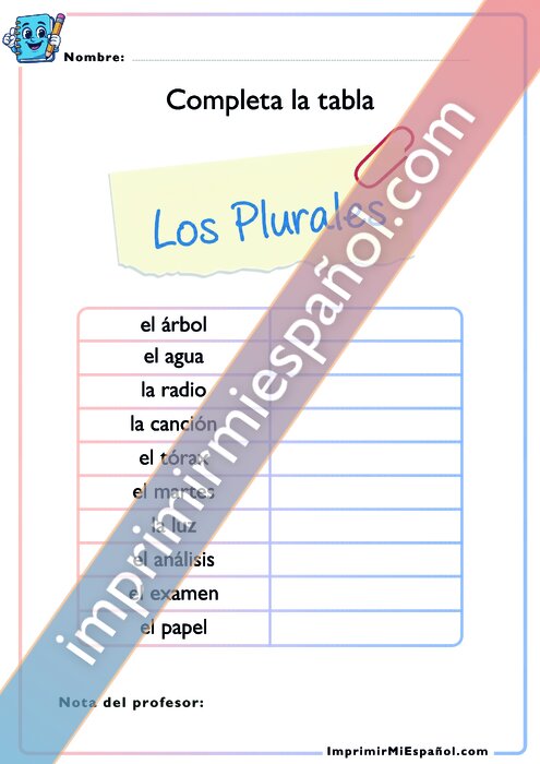 Completa la tabla - Los Plurales