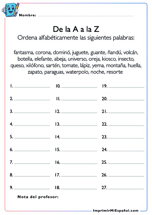 De la A a la Z – Ordena alfabéticamente las siguientes palabras