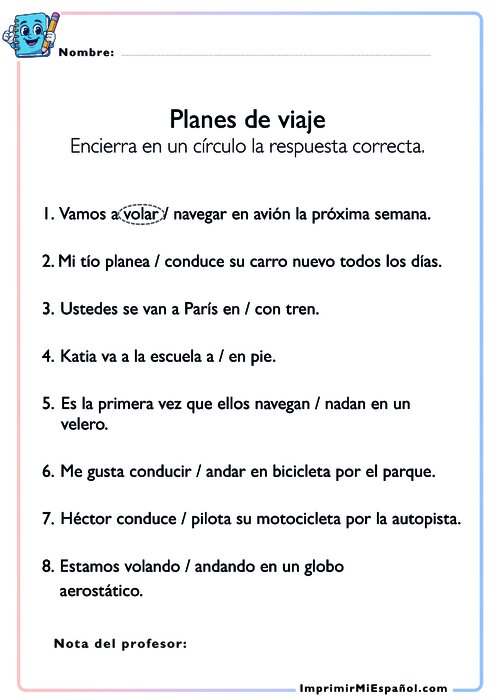 Planes de viaje - Elige la opción correcta