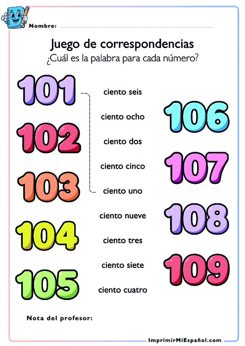 Juego de correspondencias 101 - 109