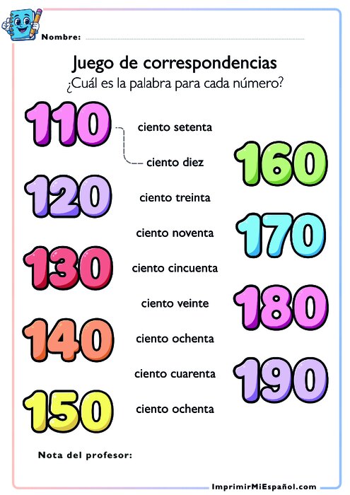 Juego de correspondencias 110 - 190